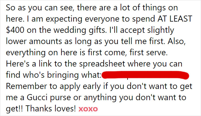 Bride Asks Guests For Gifts Worth $400, People Are Roasting Her Online