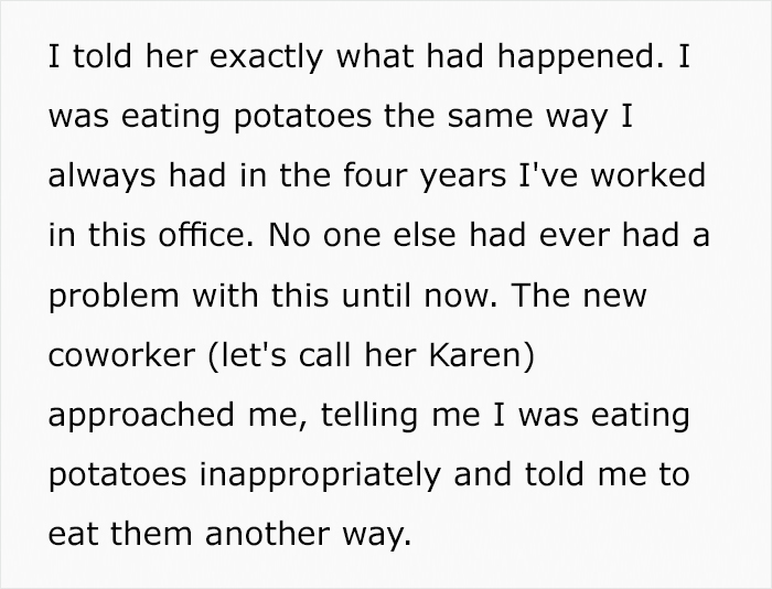 &lsquo;Karen&rsquo; Coworker Reports A Woman For Eating &ldquo;Sexy Potatoes&rdquo; At Work, Office Drama Ensues