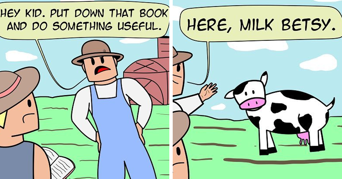 Comic strip with absurd humor showing a farmer telling a kid to do something useful and offering milk from a cow.