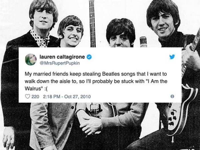 Funny meme about single life featuring a tweet over a Beatles photo, humorously complaining about wedding song choices.