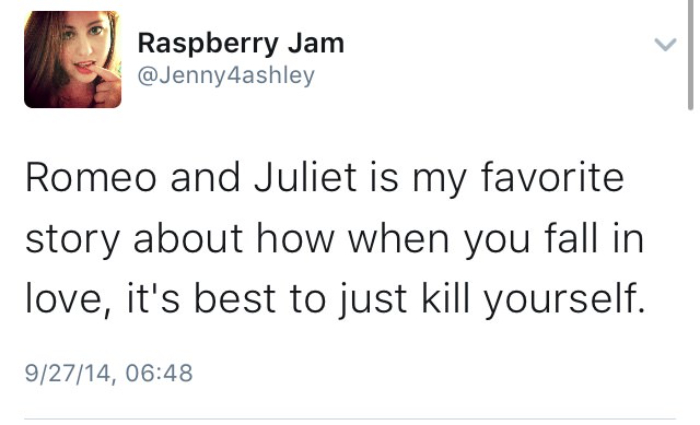 Twitter meme by Raspberry Jam humorously illustrating single life with a witty take on Romeo and Juliet's story.