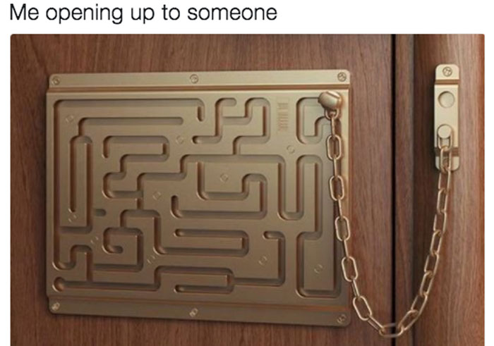 Meme showing a complex door chain lock, symbolizing the challenge of opening up in single life.