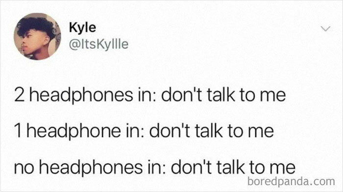 Screenshot of an introvert meme listing headphone use with the repeated phrase don't talk to me for humorous effect.