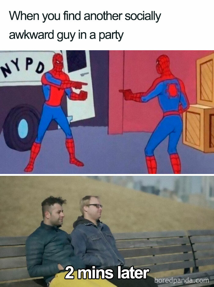Funny introvert meme showing socially awkward moment with two Spider-Man characters pointing, then sitting quietly.