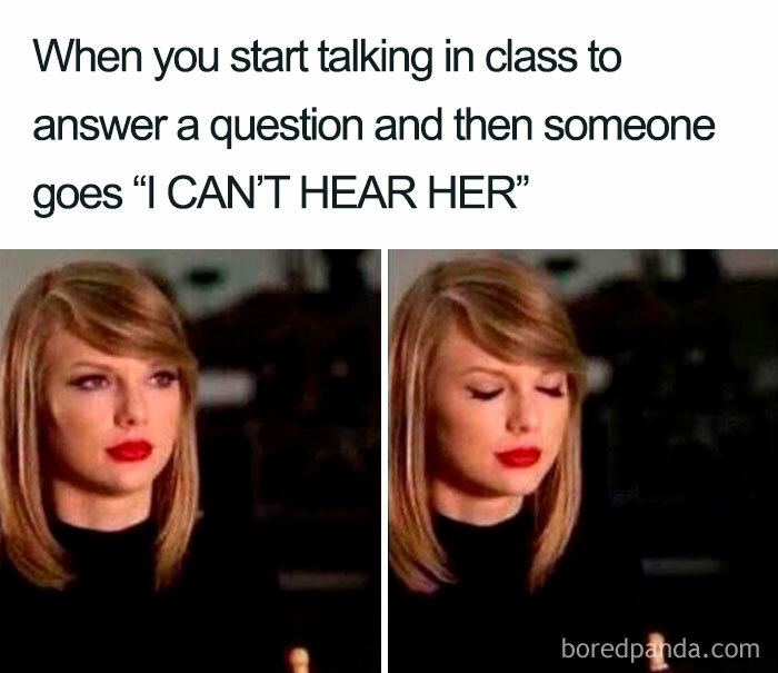 Woman with blonde hair and red lipstick looking uncomfortable in introvert memes about speaking up in class and not being heard.