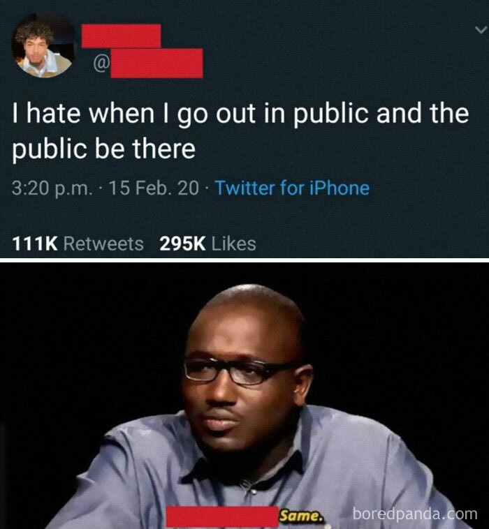 Twitter post about hating public outings paired with a man in glasses expressing introvert meme humor.