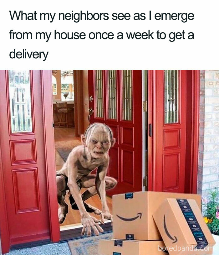 Introvert meme showing a crouching character emerging cautiously from a house to pick up delivery packages.