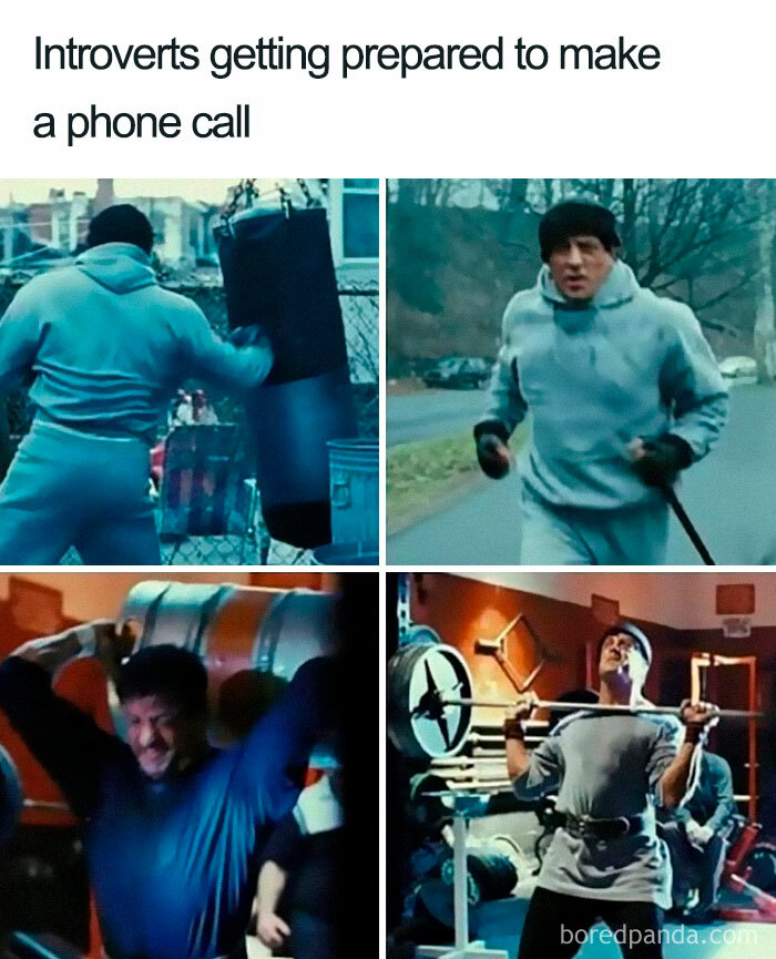 Four images of a man training intensely, illustrating introvert memes about preparing to make a phone call.