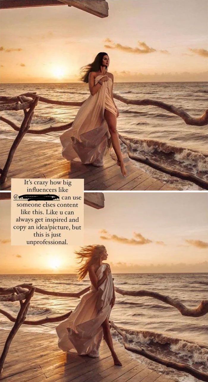 An Influencer With 3,5 Million Followers Stole A Pic From Another Smaller Influencer And Photoshopped Herself Into The Pic. Check The Second Pic. Looks Like She Is A Serial Offender. When People Call Her Out And Ask To Give The Credit To The Original Owner, She Just Blocks Them