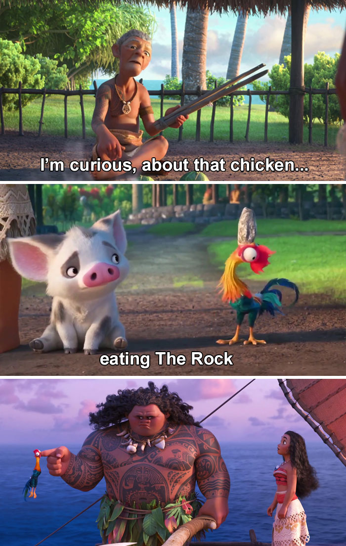 In Moana, A Villager Foreshadows The Chicken's Unsuccessful Attempt To Consume Maui