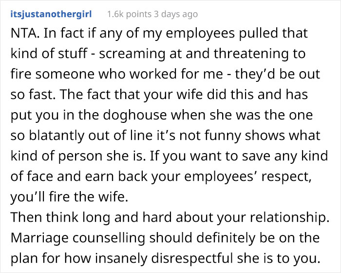 Man Sees His Wife Berating His Employee Who Made A Mistake, Reminds Her She's "Not The Boss" And Tells Her To Leave