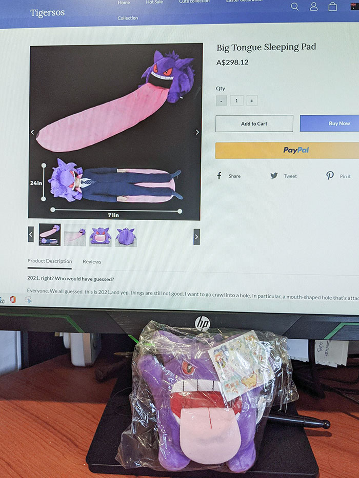 "Big Tongue Sleeping Pad" Gengar. My Boyfriend's Favorite Pokemon Is Gengar So I Ordered This, Because It Was The Biggest Gengar I Could Find. When It Arrived It Was... Well, Not As Advertised