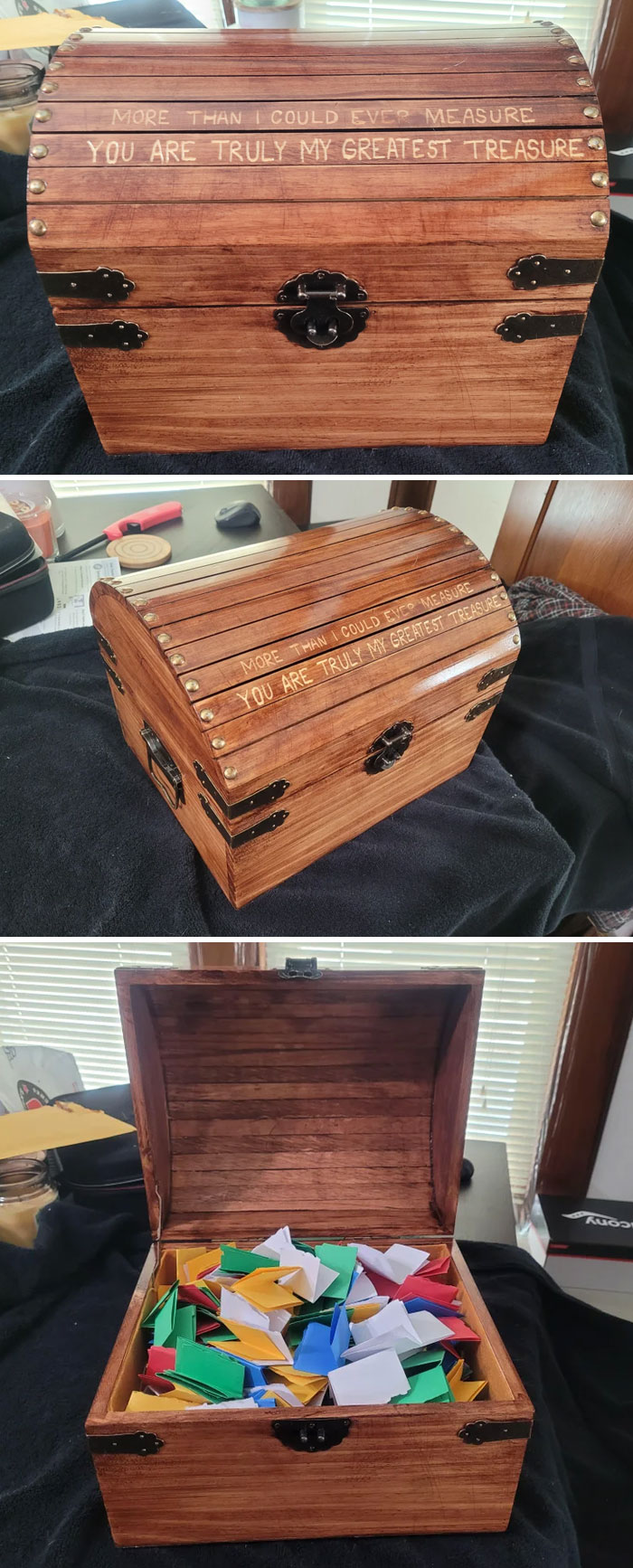 My Valentine's Gift For My Wife. I Bought A Chest At A Craft Store. Sanded It, Stained It, Sealed It, Engraved It, And Filled It With 365 Love Notes: One A Day Until Next Valentine's