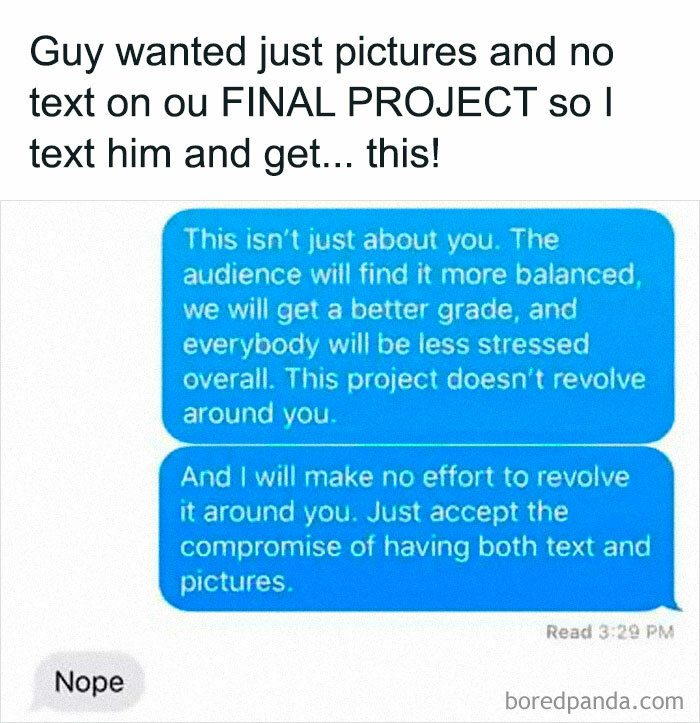 Guy Wanted Just Pictures And No Text On Our Final Project So I Text Him And Get... This!