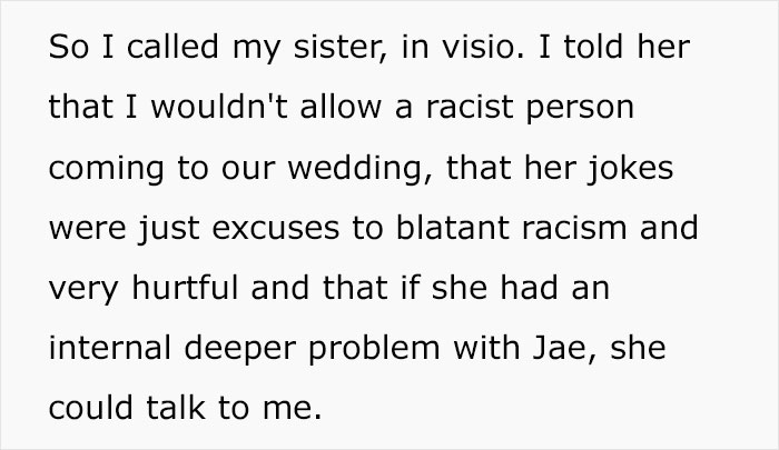Woman Keeps Making Racist Jokes About Her Sister's Korean BF, Gets Banned From Their Wedding Woman Keeps Making Racist Jokes About Her Sister's Korean BF, Gets Banned From Their Wedding