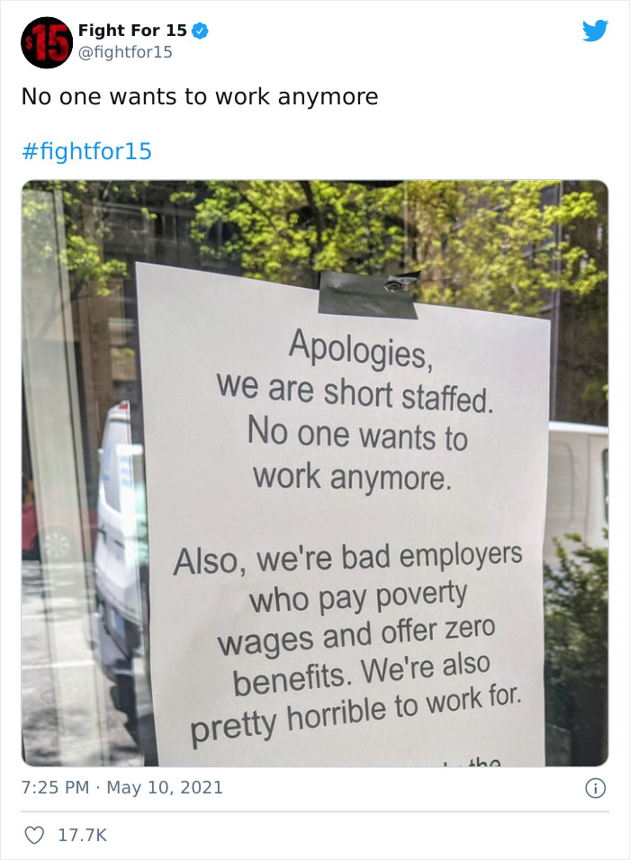 Workers Make Truthful Signs About Why Employers Are Facing Staff Shortages Workers Make Truthful Signs About Why Employers Are Facing Staff Shortages