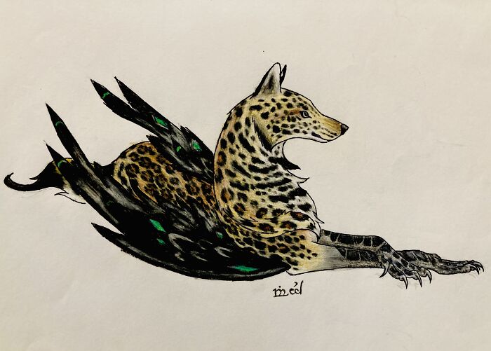 Drawn For A Create An Animal Challenge. He Is A Mixture Of Wolf, Raven, And Leopard.