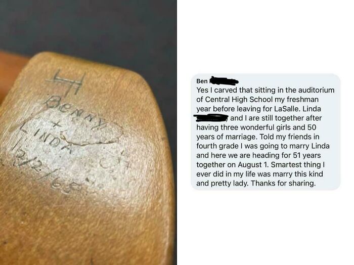 Local Museum Posts Image Of A 1965 School Desk Inscribed With “Benny & Linda”. Benny Responds In Comments