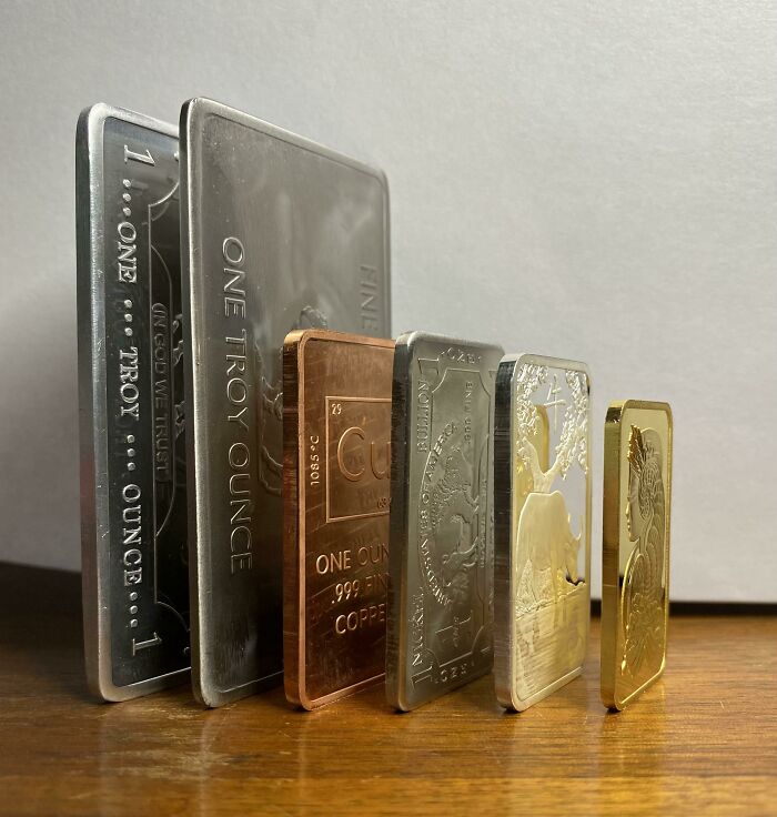 Different Size Of 1oz Bars Of Pure Metals: Aluminum, Titanium, Copper, Nickel, Silver, Gold