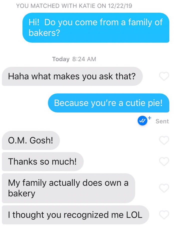 Tinder chat screenshot of people about bakery 