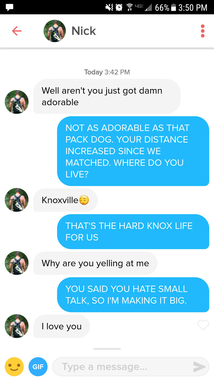 Tinder chat screenshot of people talking about small talk 