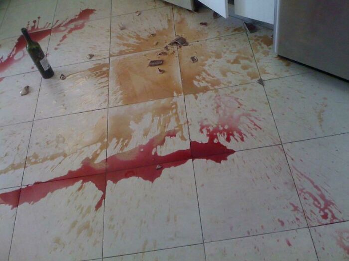 Late For Work. Shut The Fridge Door Too Hard. Knocked Wine Bottle Off The Fridge. Hit My Coffee. Bad Morning