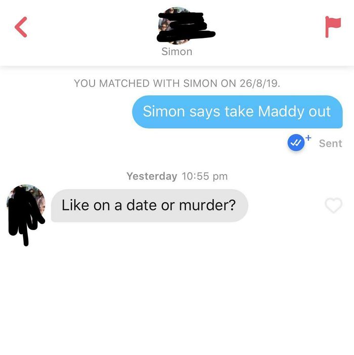 Tinder chat screenshot of people exchanging funny messages 