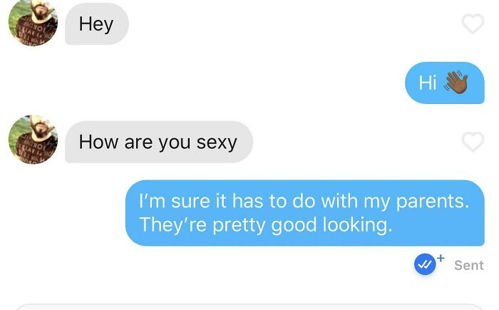 Tinder chat screenshot of people talking about good looks 