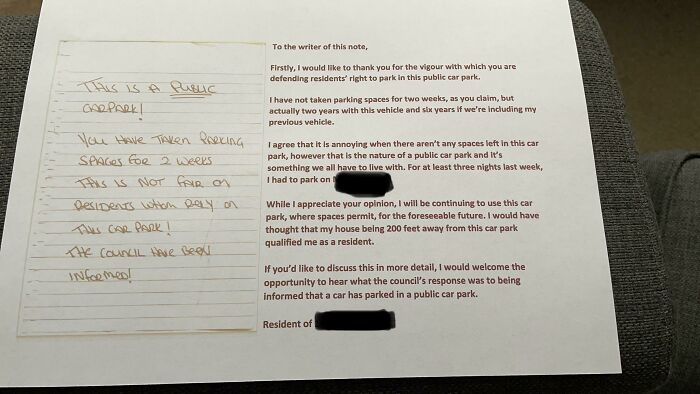 Found An Angry Note On My Car Today. I Replied