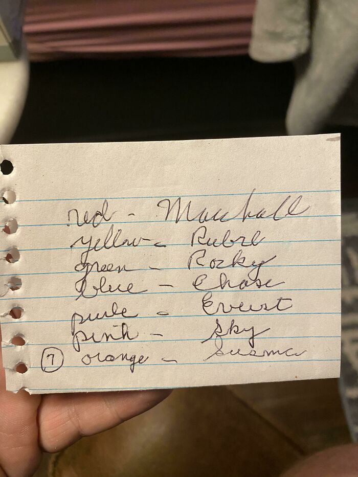 When My Now 3 Yr Old Son Got Cancer In 2018, My 91 Yr Old Grandmother Wanted To Get As Close To Him As She Could. She Wrote Down The Colors Of The Paw Patrol Pups So She Could Watch It With Him. I Found Those Notes Today