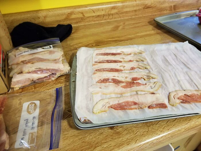 I Cut Bacon In Half And Freeze In Individual Pieces. Then I Pack Them Into Bags. When I Want A Little Bacon I Can Pull Just What I Want And Not Have To Find A Use For The Whole Pound