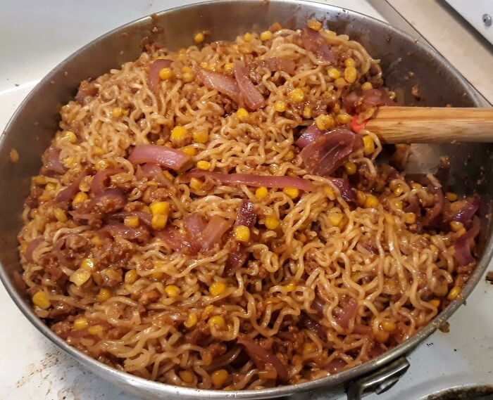 Instead Of Using Ramen Noodles Traditionally With The Flavor Packet, Sautee Onions, Sweet Corn And Meat Of Your Choice And Add Teriyaki Sauce. Cook The Ramen Noodles And Drain, Then Add To The Mixture