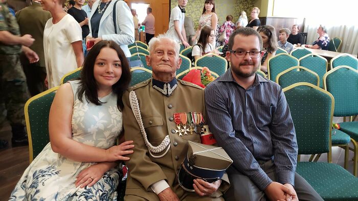 My 101-Years-Old Grandfather With Me And My Wife On His Birthday. He Is WW2 Hero From Poland And Funniest Guy I Ever Met
