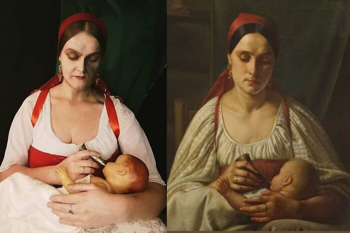 Nikifor Stepanovich Krylov "Russian Peasant Woman Feeds A Child From A Horn" (1830)