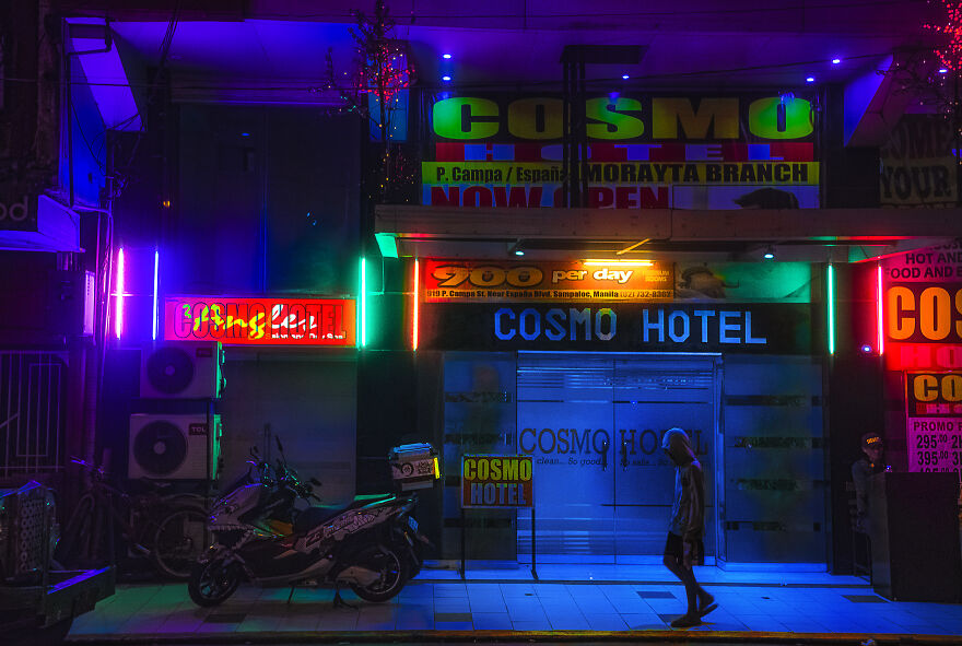 A Neon-Lit Budget Short-Stay Hotel In Sampaloc, Manila. You Can Tell That It's Good Biz Around Here Because Our Family-Centric Filipino Culture Expects Adults To Stay In Their Families' Homes Even After They Finish Their Schooling, Which Explains The Demand For No-Tell-Motels Like This