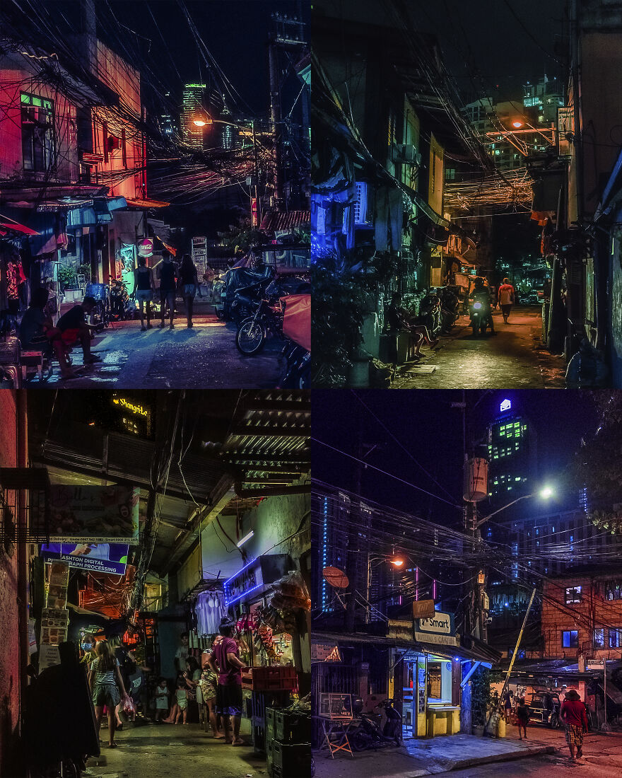A Collage Of Four Streetscapes At The Outskirts Of Bgc, Showing A Residential Neighborhood Juxtaposed Against Glowing Megacorporate Skyscrapers