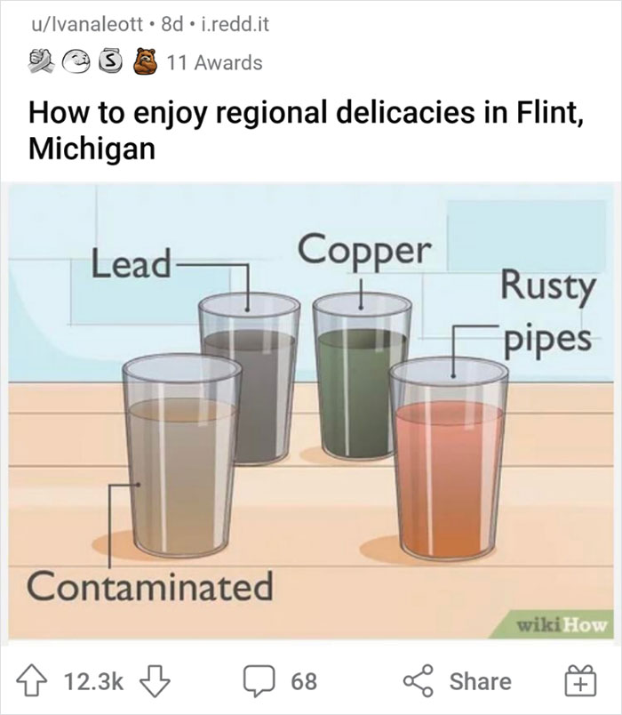 WikiHow image humorously showing contaminated water glasses labeled as Flint delicacies: Lead, Copper, Rusty Pipes.