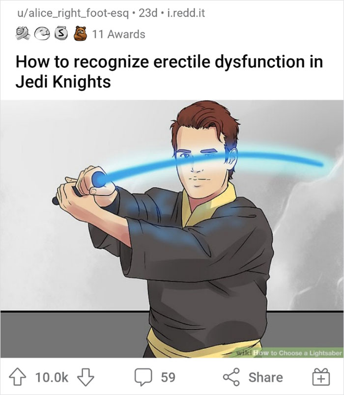 WikiHow image of a man with a lightsaber, humorously captioned about Jedi Knights and dysfunction.