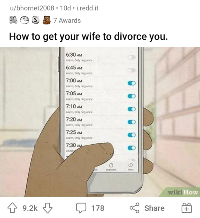 WikiHow image humor: multiple alarms set on a phone with a funny caption about divorce.