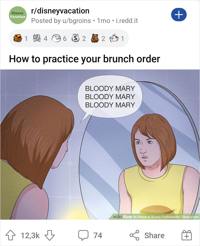 WikiHow image humorously out of context, person in mirror chanting "Bloody Mary" as brunch order practice.