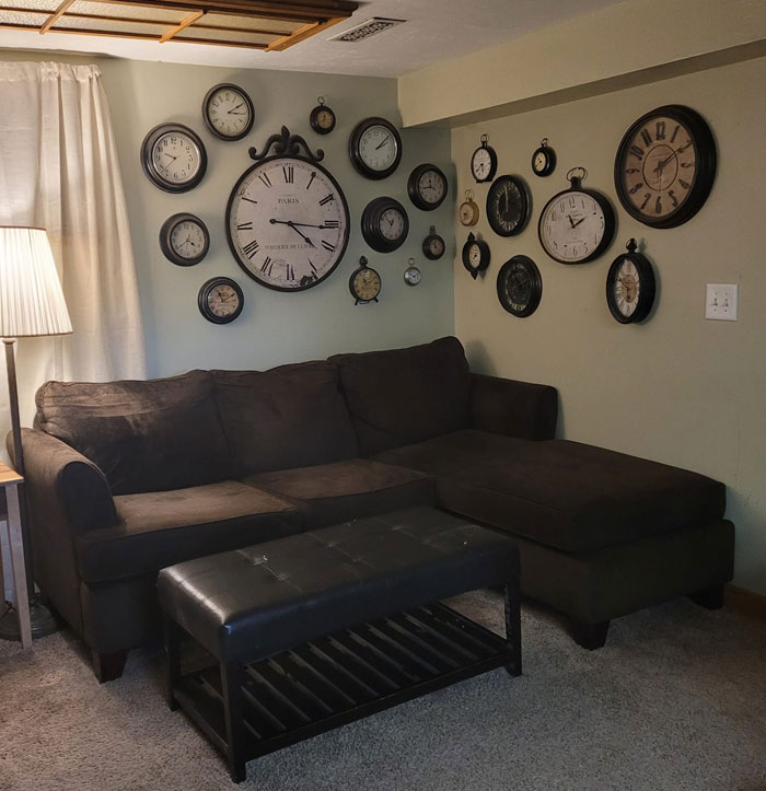 A Very Small Part Of My Thrifted/Second Hand Find Clock Collection. This Is My Favorite Wall(S) In My House! I Love "Buying Time"