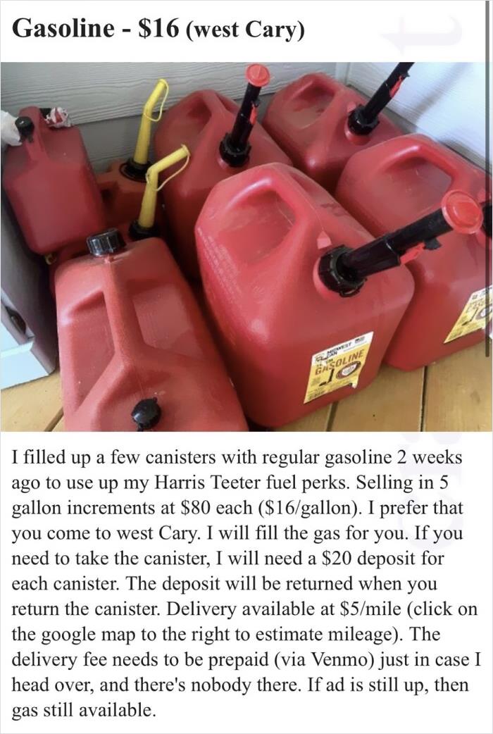 Viewing Gas Shortages As An Opportunity To Sell Gas For $16/Gallon (Nc).