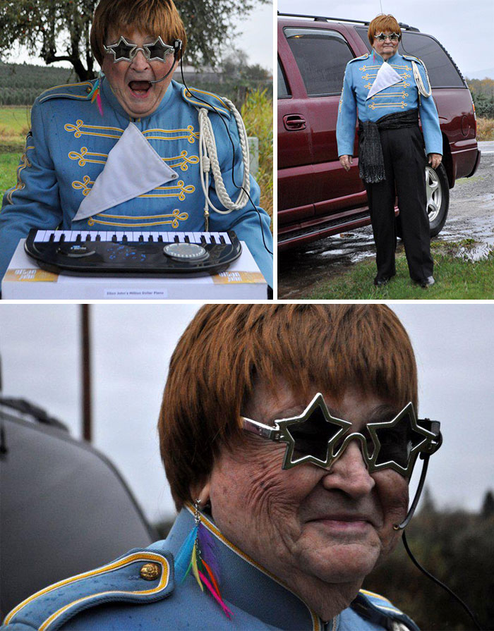 My 76-Year-Old Grandpa Dressed Up As Elton John For Halloween. My Grandma Said It Was The First Time She Put Rouge And An Earring On Her Husband