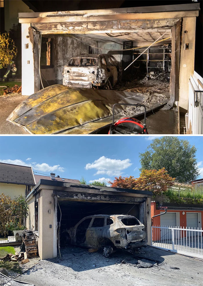 This Happened A Couple Months Ago Near My Home. Battery In A Brand New X5 Hybrid Shorted Out And Burned Down The Garage. I Talked To The Owner And They Didn't Even Have The Car For A Week