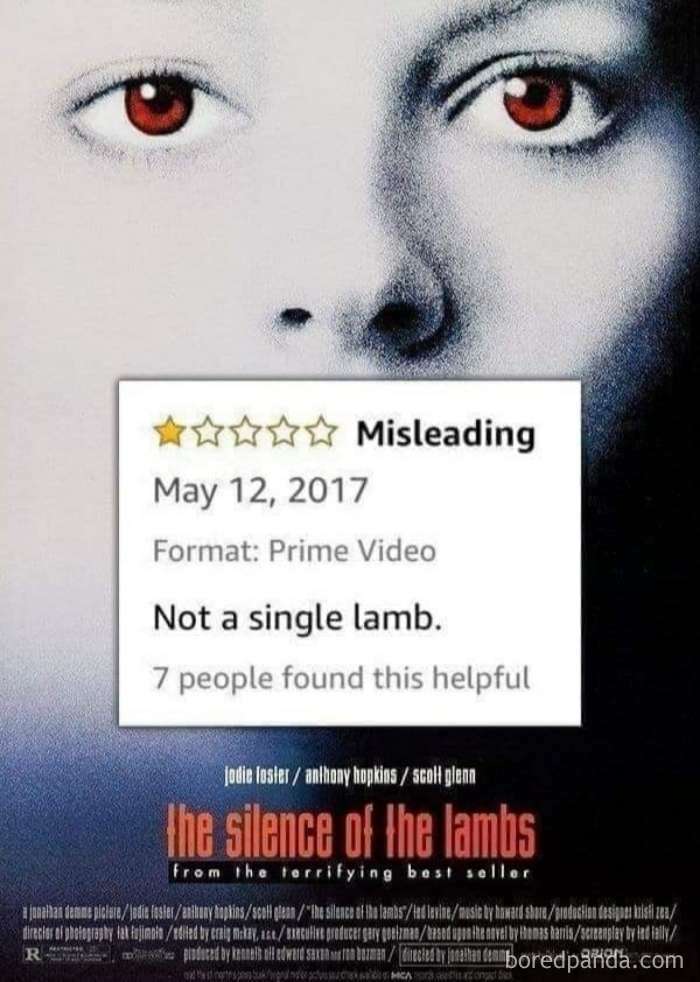 Literal meme with movie rating: "Misleading - Not a single lamb" for "The Silence of the Lambs" poster.