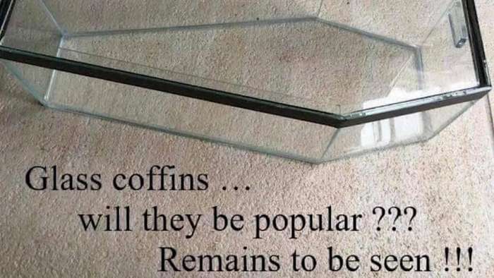 Glass coffin meme with the literal joke: "Glass coffins...will they be popular??? Remains to be seen!!!"