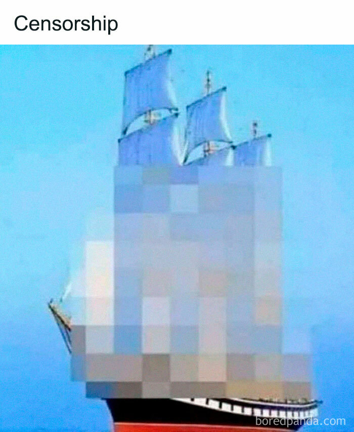 A ship with pixelated sails labeled "censorship," a literal meme delivering humor.