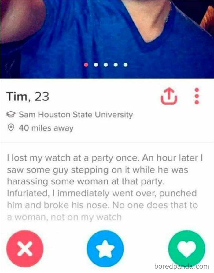 Dating profile meme with literal humor about a broken watch and defending a woman at a party.