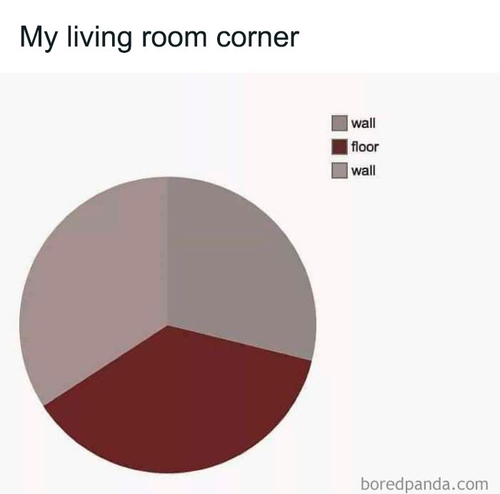 Literal meme showing a pie chart labeled "My living room corner" with sections for walls and floor.