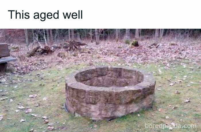 Literal meme with a stone well in a grassy area, captioned "This aged well," demonstrating humorous wordplay.